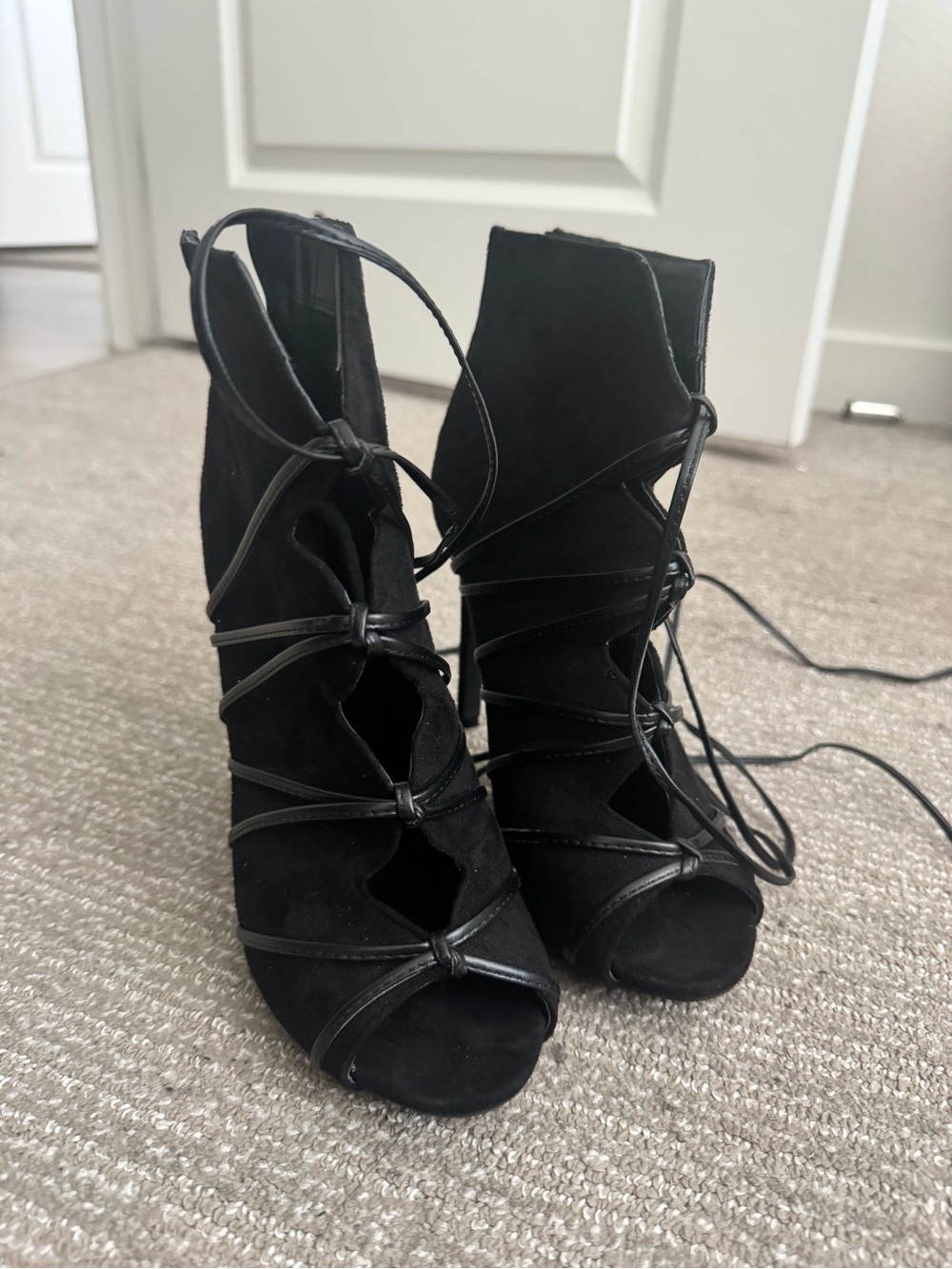 Women’s Black Lace-Up Peep Toe Heeled Booties